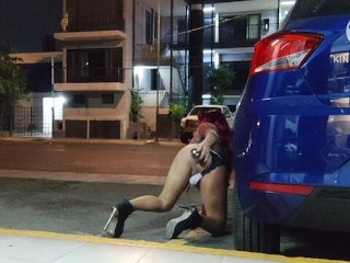 Sissy anally drinking a beer on the street!