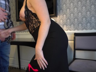 my private secretary surprises the boss in the hotel room wearing a sexy lace body and pencil skirt
