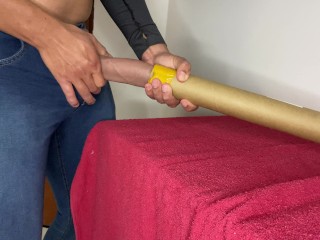 massaging my dick at work with my boss's cardboard tube