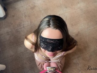 Flat chastity with fake cock. Mistress teasing fake cock in chastity