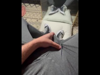 Showing off my big cock in grey leggings and high top converse