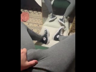 Showing off my big cock in grey leggings and high top converse