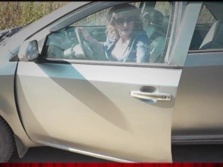 In stockings without panties under mini skirt sexy blonde driving car. Naked in public MILF pussy