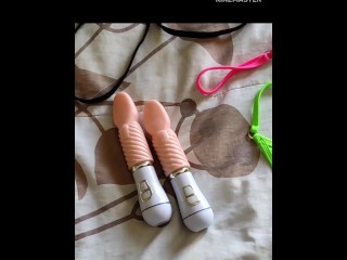 Sissy getting ready to go out for a public walk by inserting two dancing vibrators up her ass