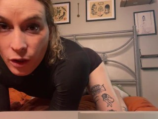 tattooed trans girl talks dirty and eats her own cum