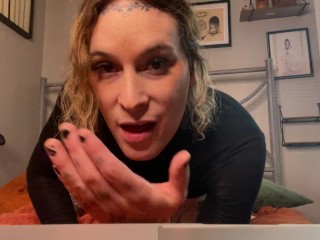 tattooed trans girl talks dirty and eats her own cum