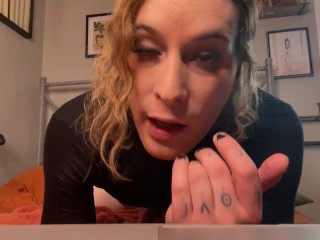 tattooed trans girl talks dirty and eats her own cum