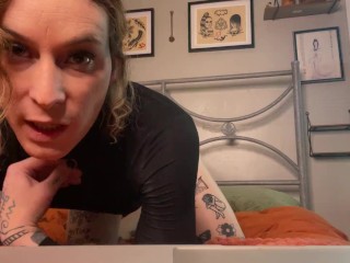 tattooed trans girl talks dirty and eats her own cum