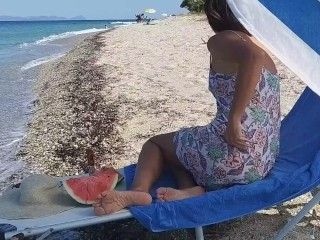 NO PANTIES and Watermelon # Pussy Flash on Beach among people