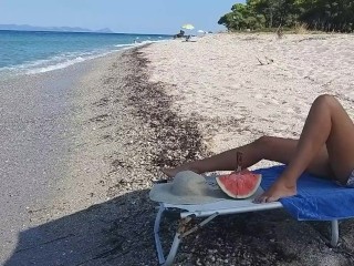 NO PANTIES and Watermelon # Pussy Flash on Beach among people