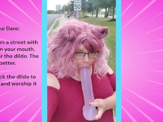 Chub trans sucks dildo walking down a public street!