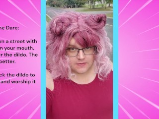 Chub trans sucks dildo walking down a public street!