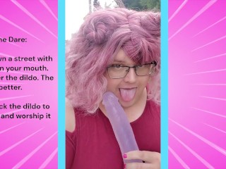 Chub trans sucks dildo walking down a public street!