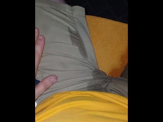 Desperate hissing piss in work pants