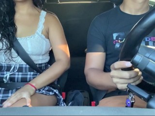 Horny passenger gets into Uber without panties and driver can't resist her