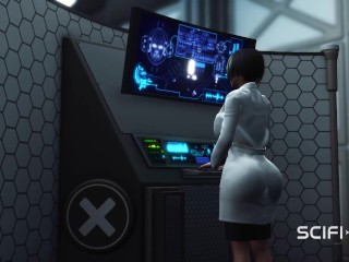 Sci-fi BDSM. Horny young blonde likes to fucks with shemale humanoid android