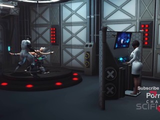 Sci-fi BDSM. Horny young blonde likes to fucks with shemale humanoid android