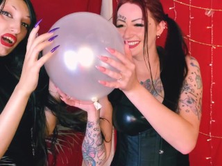 Balloon fetish. Two Mistresses inflate the balloon, play with their long nails on your nerves, and b