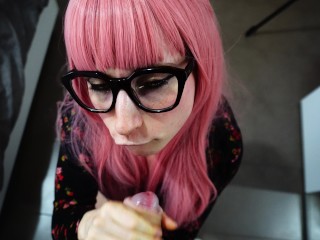 Beautiful babe with glasses sucks my cock and gets huge cum on her face