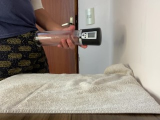 Big dick getting sucked by the suction of an automatic penis pump