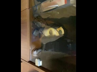 I walk around the center of the office, jerk off and cum