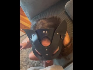 Masked 420 smoking Slut in leather harness talks dirty and gets a big cock in mouth