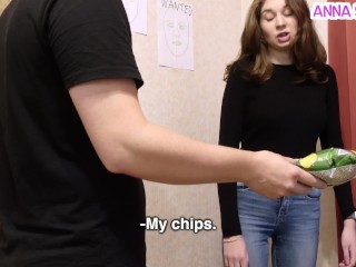 A beautiful slut was caught stealing chips.