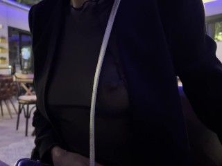 Sexy wife wearing sheer top in a bar and flashing nipples and tits on the street in public