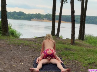 Amateur roughly rides cock naked outdoors in forest until gets huge cumshot on boobs