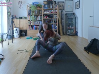 She's in a Facedown Shibari suspension, pussy spanking and breath play