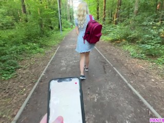 Public dare - stepsister walks outside with no panties and with remote control vibrator in her pussy