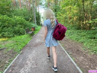 Public dare - stepsister walks outside with no panties and with remote control vibrator in her pussy