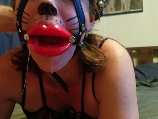 Facefucked submissive milf wearing big red lip open mouth spreader and my catsuit