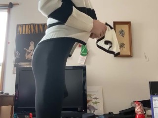 Skinny girl in leggings flashes you with her monster curved cock