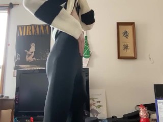 Skinny girl in leggings flashes you with her monster curved cock