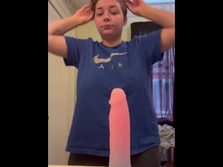 BIG TITTY MILF GAGS & FUCKS HER THOAT WITH HER 8 INCH DILDO