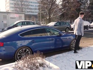 VIP4K. Casual fucking action of the bride in wedding dress and stranger in the bathroom