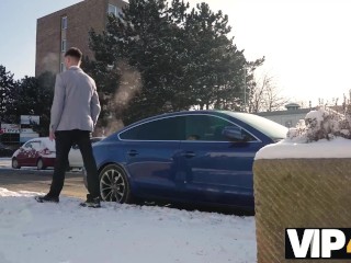 VIP4K. Casual fucking action of the bride in wedding dress and stranger in the bathroom