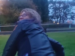 MILF rides guy to premature creampie on public bench