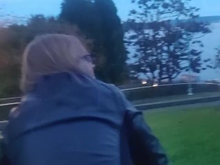 MILF rides guy to premature creampie on public bench