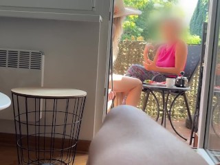 My husband is jerking off and cum in front of my a while we talk on balcony