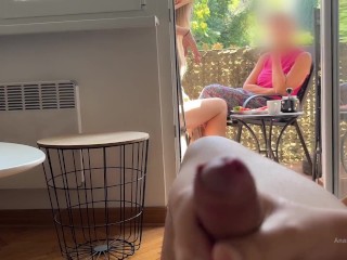 My husband is jerking off and cum in front of my a while we talk on balcony