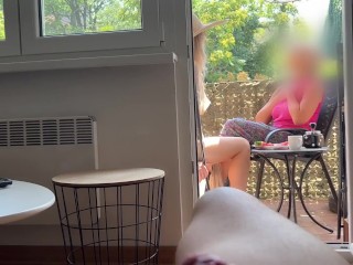 My husband is jerking off and cum in front of my a while we talk on balcony