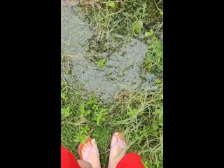 Wet and Sensual Foot fetish Outdoor by naughty pissy Stepsister