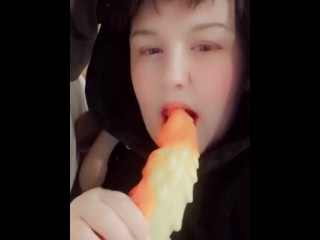 Femboy goth twink records himself sucking toy just been inside him
