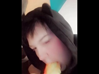 Femboy goth twink records himself sucking toy just been inside him
