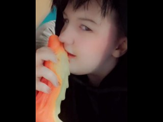 Femboy goth twink records himself sucking toy just been inside him