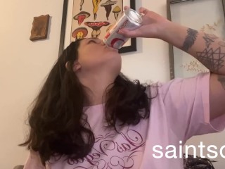 Brunette cutie drinks soda and BURPS while talking
