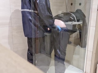 Rainwear pissing and doggy in the shower