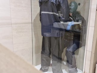 Rainwear pissing and doggy in the shower